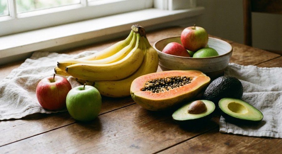 Chuối, táo, đu đủ, bơ